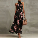 Vestido Longo Floral Elegante com Decote Halter