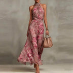 Vestido Longo Floral Elegante com Decote Halter
