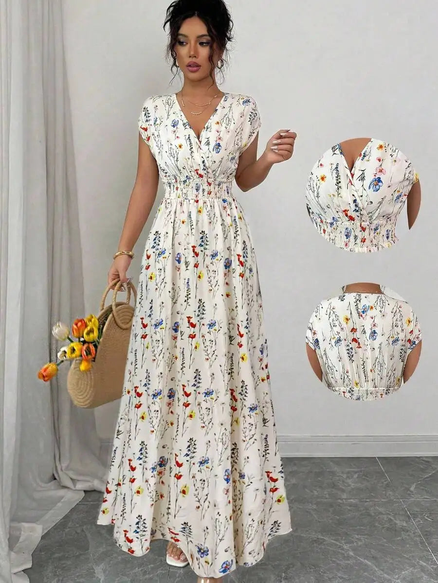 Vestido Longo Floral Feminino com Decote V Rafazza