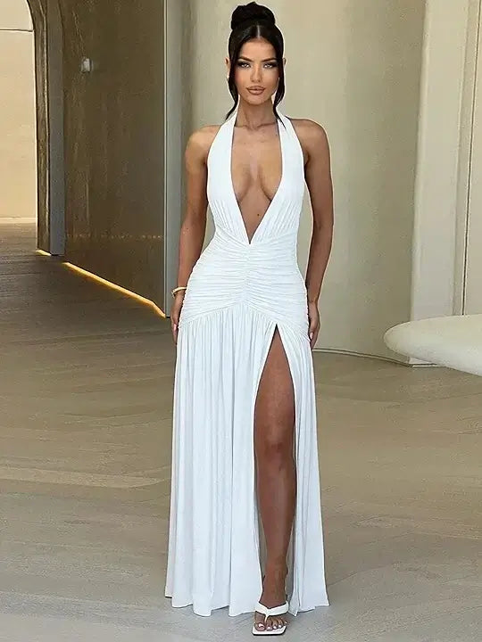 Vestido Longo Halter Sem Costas com Fenda Lateral