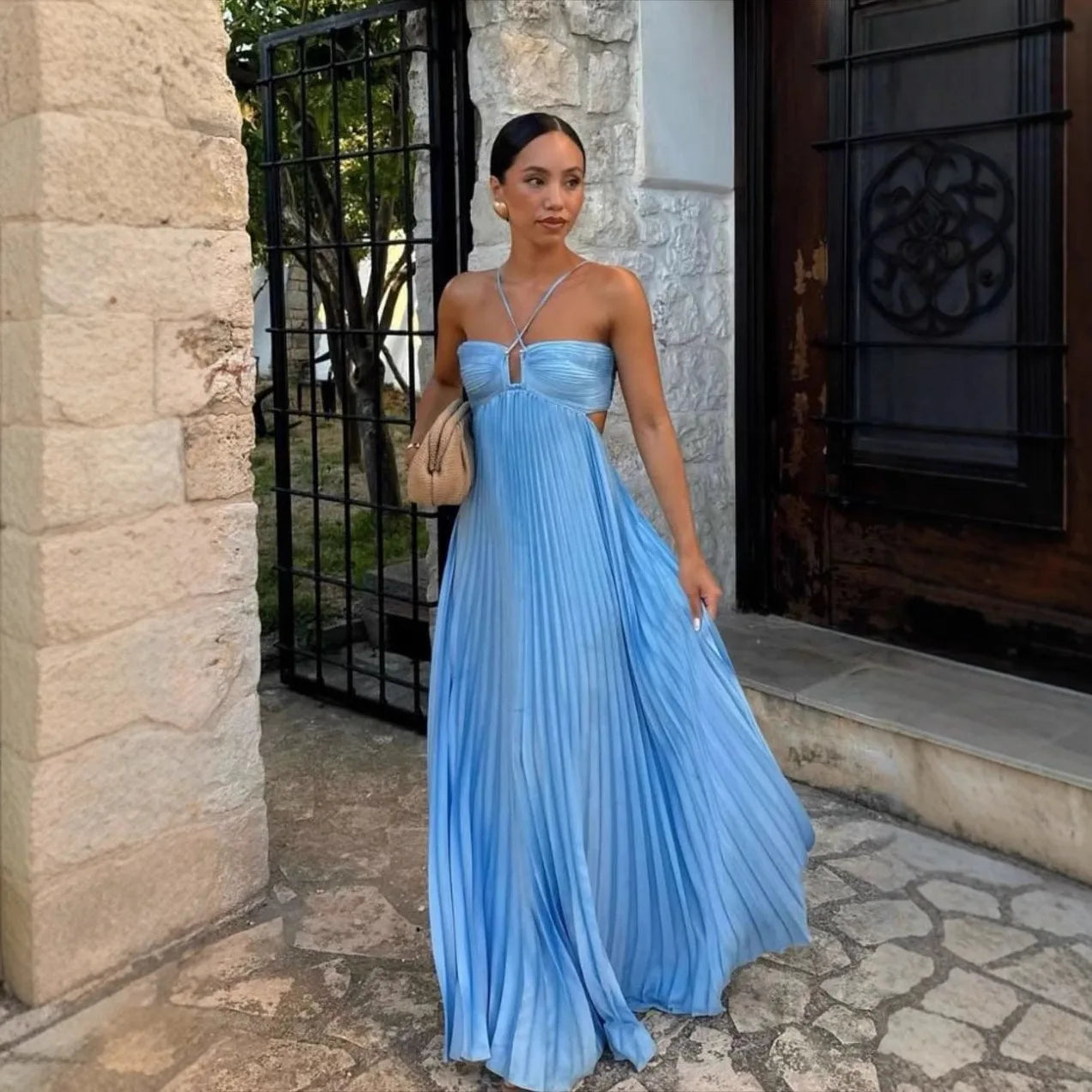 Vestido Longo Plissado Alça Ajustavel