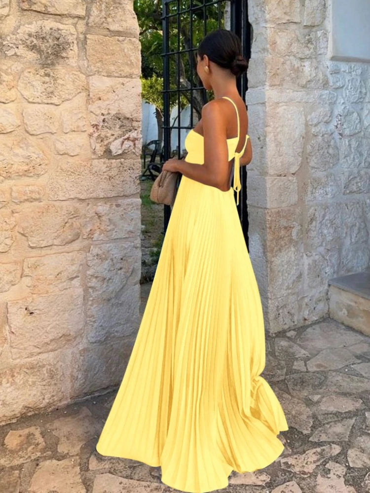 Vestido Longo Plissado Alça Ajustavel