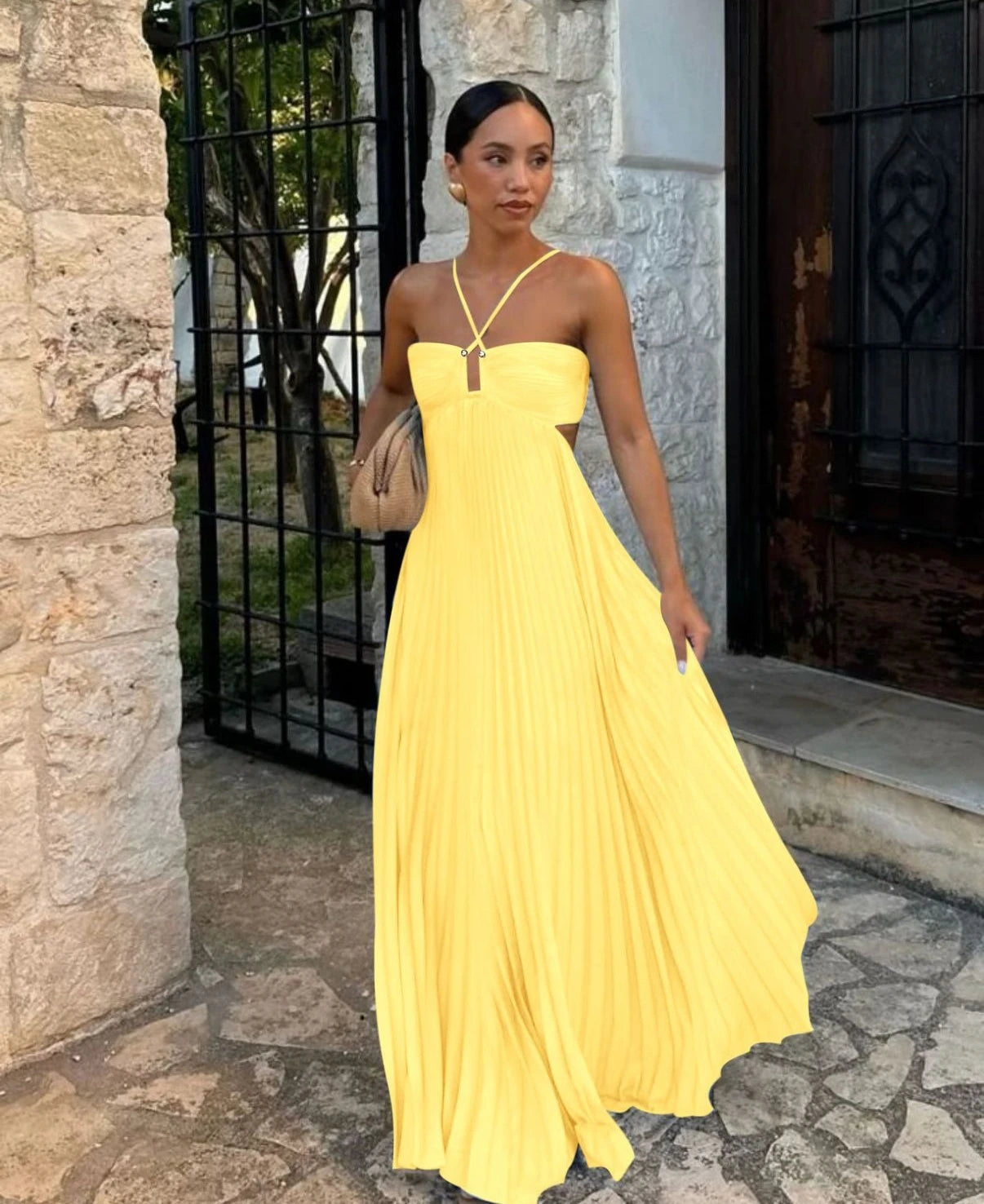 Vestido Longo Plissado Alça Ajustavel