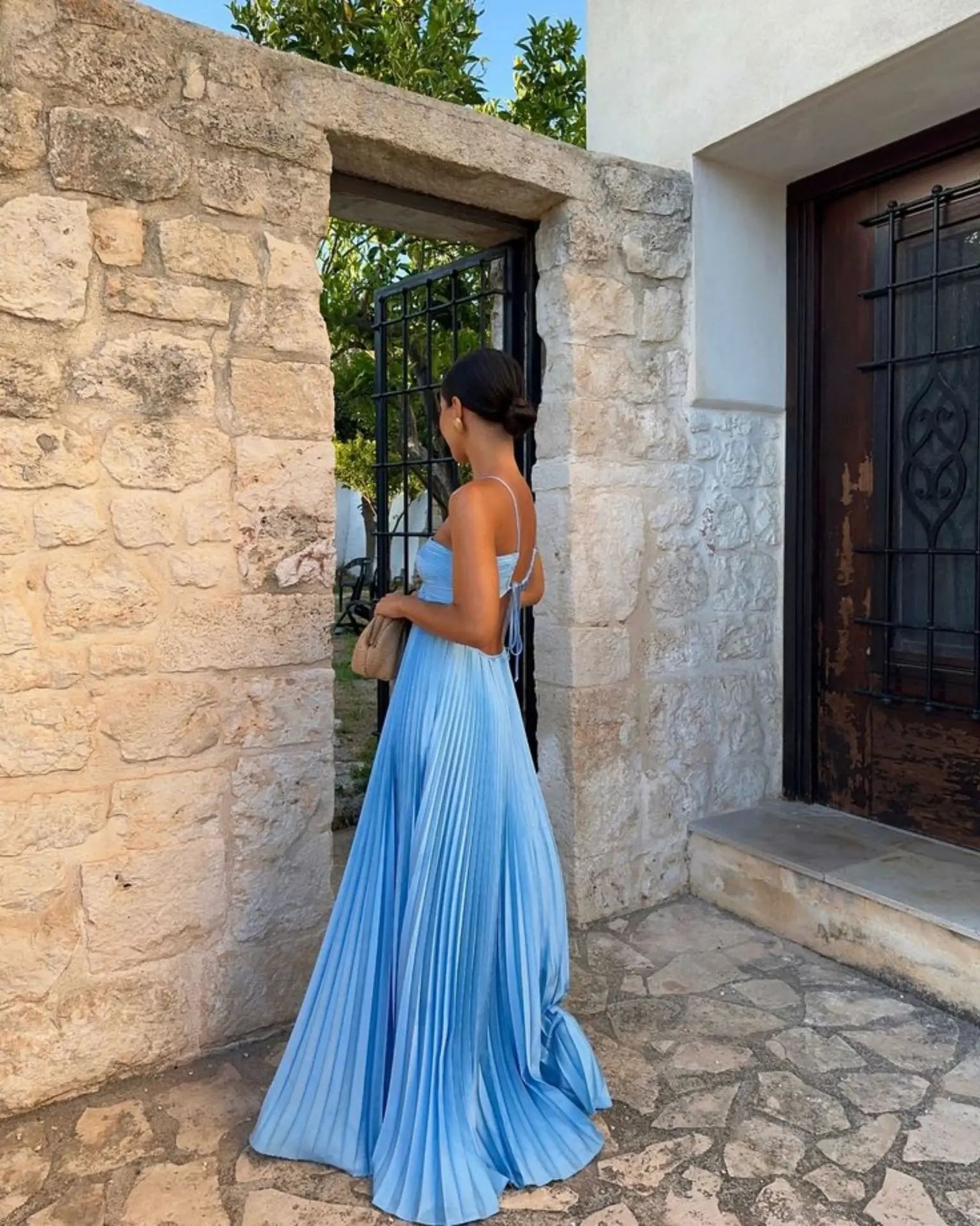 Vestido Longo Plissado Alça Ajustavel