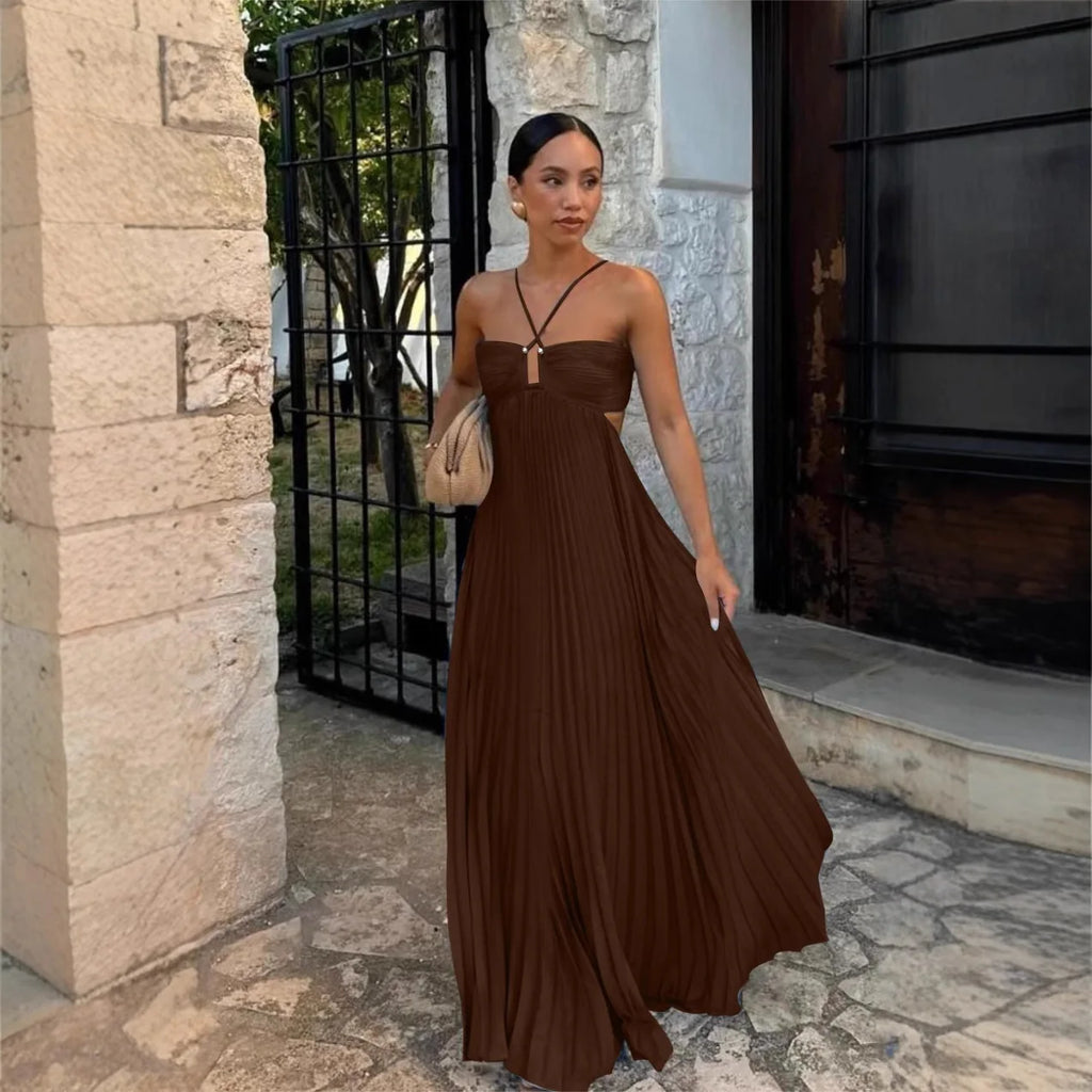 Vestido Longo Plissado Alça Ajustavel