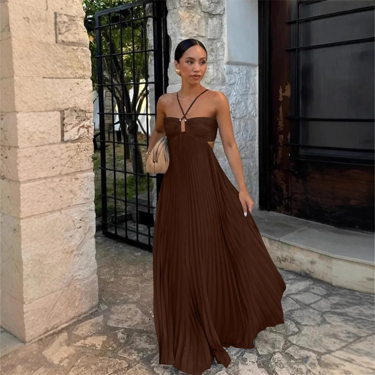 Vestido Longo Plissado Alça Ajustavel