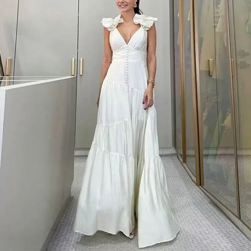 Vestido Luna Longo Detalhe em Flor Branco