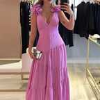 Vestido Luna Longo Detalhe em Flor Rosa