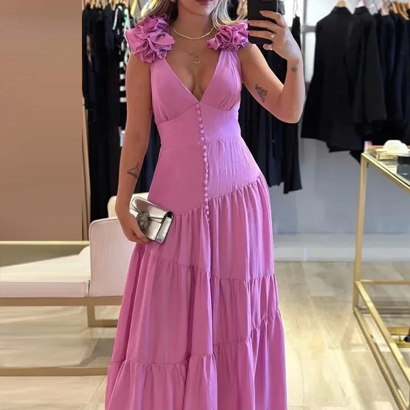 Vestido Luna Longo Detalhe em Flor Rosa