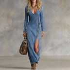 Vestido Maxi Jeans Boho com Fenda e Botões
