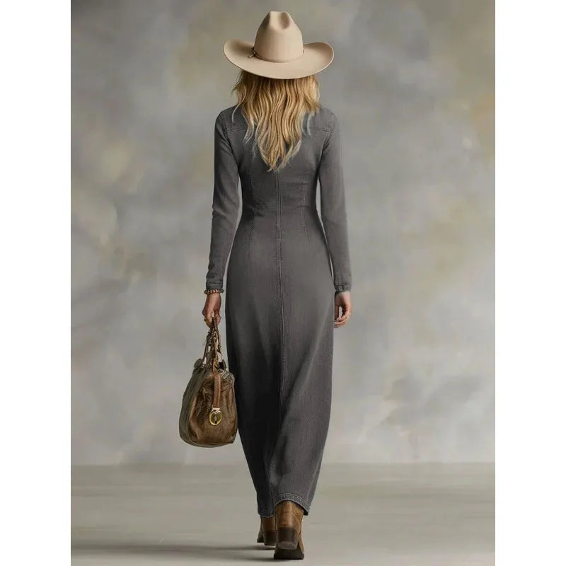 Vestido Maxi Jeans Boho com Fenda e Botões