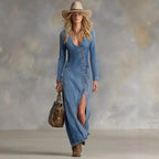Vestido Maxi Jeans Boho com Fenda e Botões