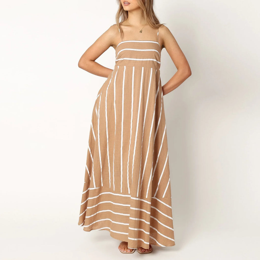 Vestido Maxi Listrado Evase com Alça