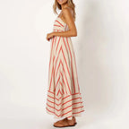 Vestido Maxi Listrado Evase com Alça