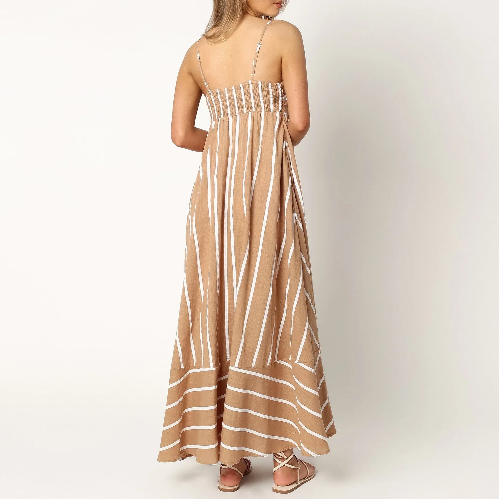 Vestido Maxi Listrado Evase com Alça