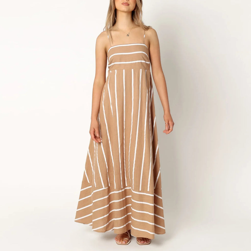 Vestido Maxi Listrado Evase com Alça