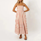 Vestido Maxi Listrado Evase com Alça