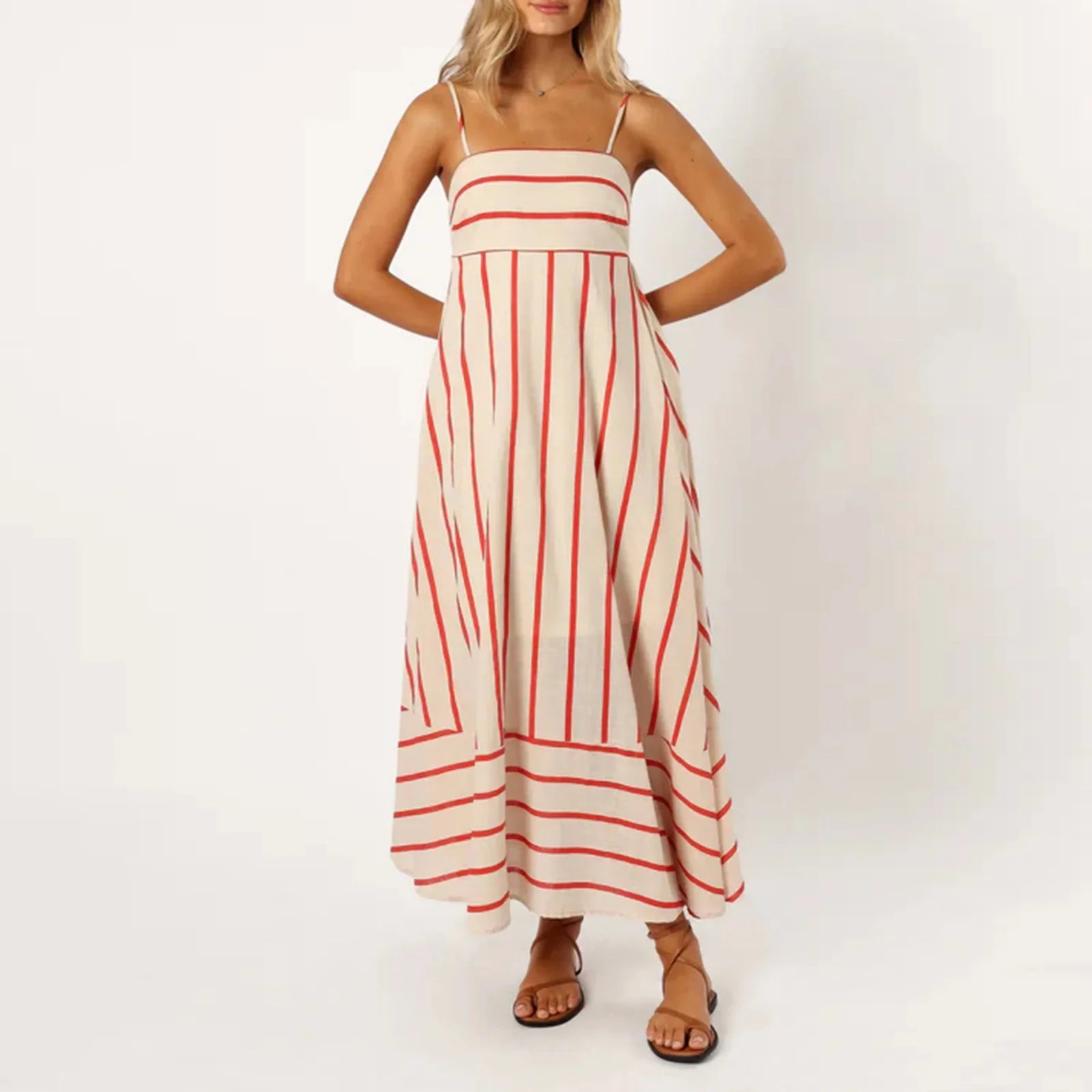 Vestido Maxi Listrado Evase com Alça