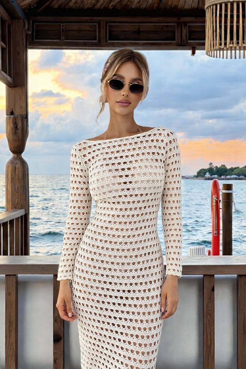 Vestido Maxi Praia Detalhe nas Costas Manga Longa Flare
