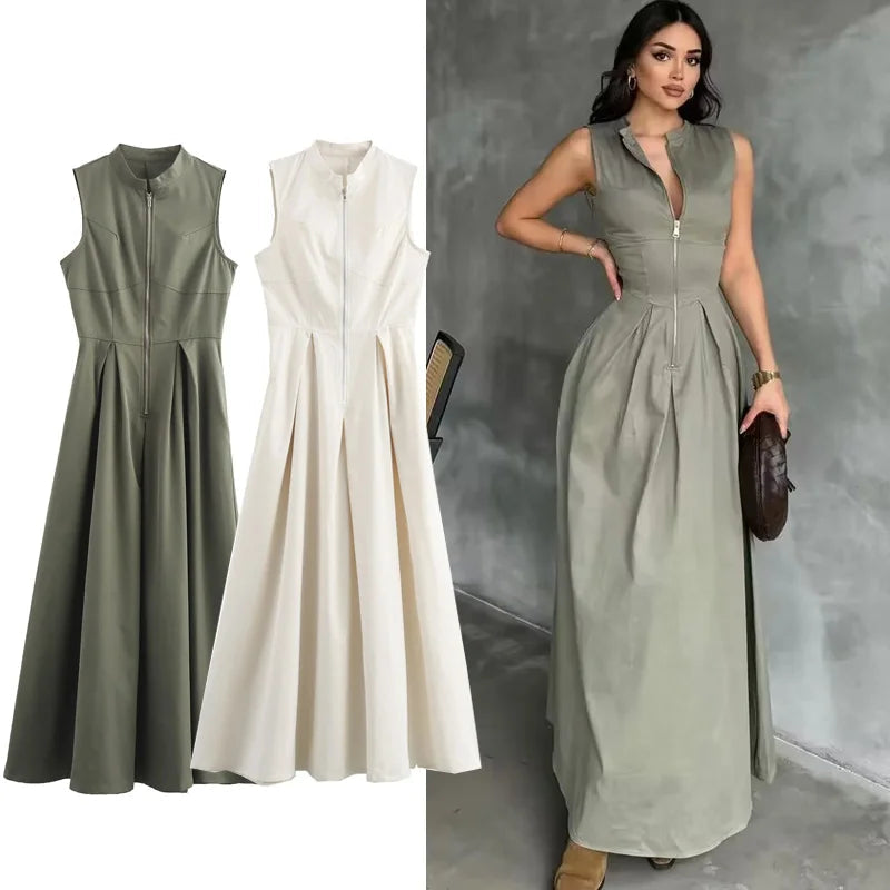 Vestido Maxi Sem Mangas Plissado com Zíper
