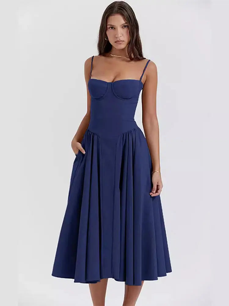 Vestido Midi Evase de Alça Azul