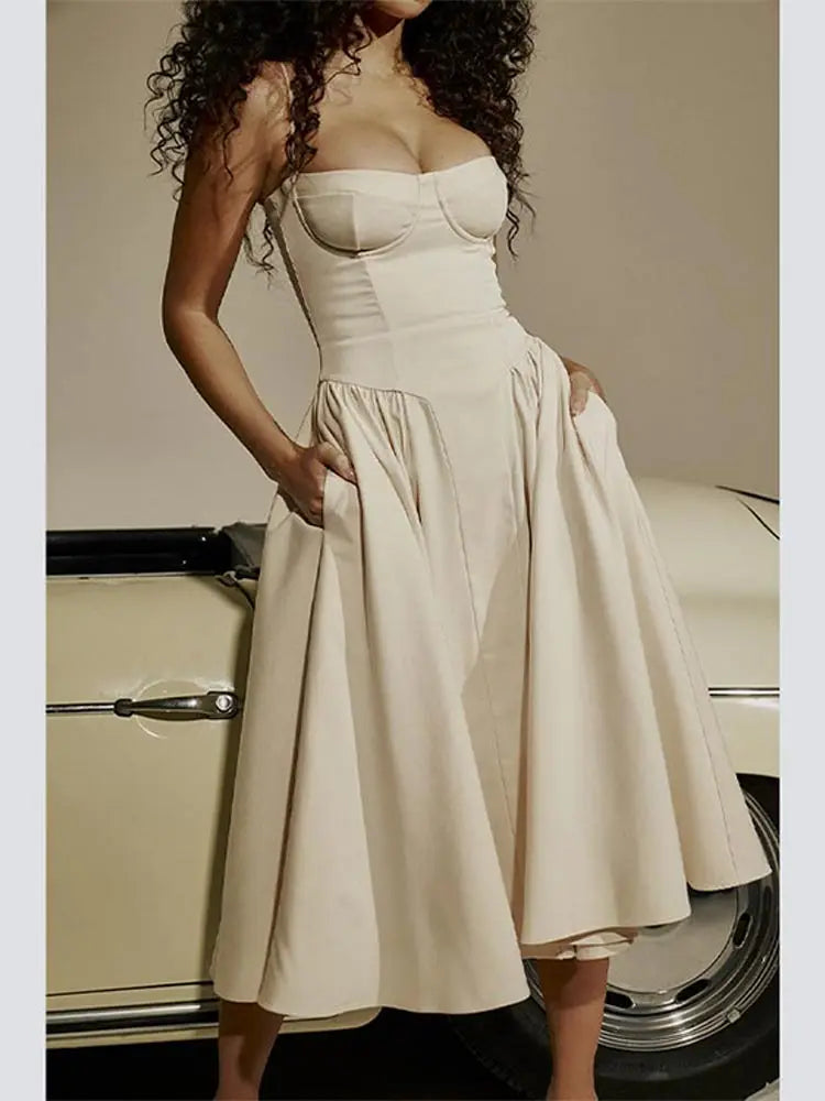 Vestido Midi Evase de Alça Bege