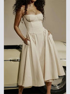 Vestido Midi Evase de Alça Bege