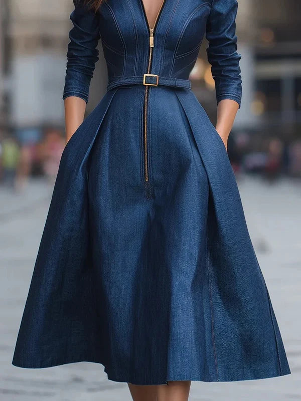Vestido Midi Vintage Azul com Lapela e Bolsos