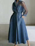 Vestido Midi com Efeito Jeans, Mangas em Tule e Cinto