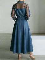 Vestido Midi com Efeito Jeans, Mangas em Tule e Cinto