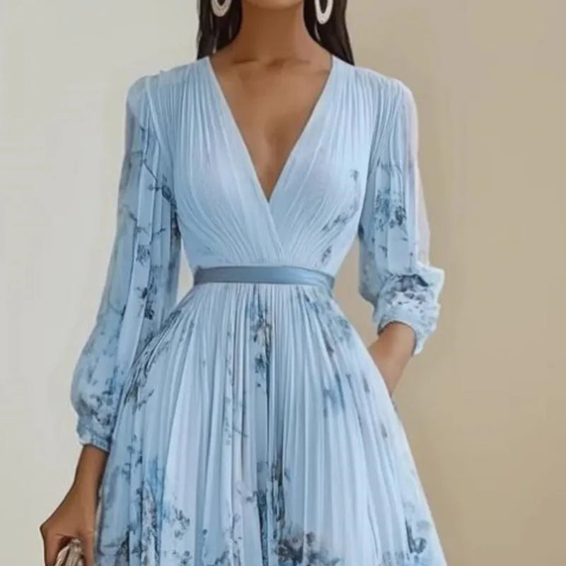Vestido Plissado Floral com Decote em V e Manga Longa