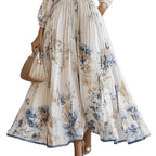 Vestido Plissado Floral com Decote em V e Manga Longa