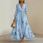 Vestido Plissado Floral com Decote em V e Manga Longa