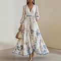 Vestido Plissado Floral com Decote em V e Manga Longa