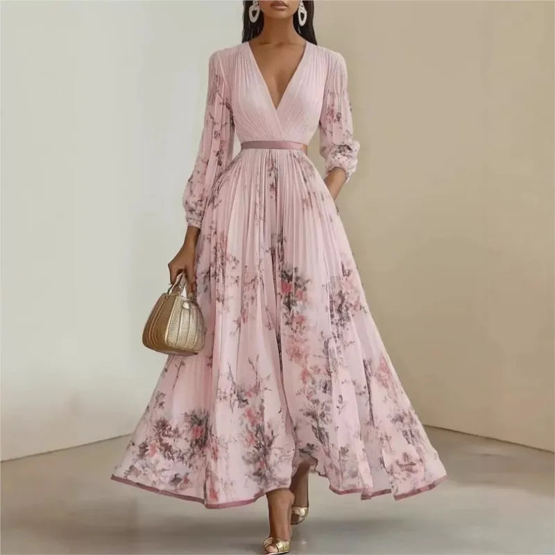 Vestido Plissado Floral com Decote em V e Manga Longa