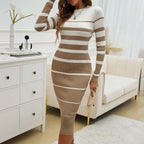Vestido Tricô de Manga Longa com Listras