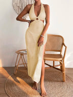 Vestido de Tricô Elegante com Decote em V para Praia