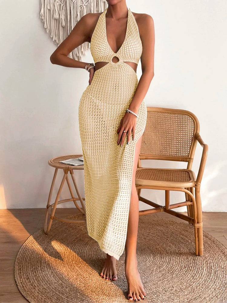 Vestido de Tricô Elegante com Decote em V para Praia