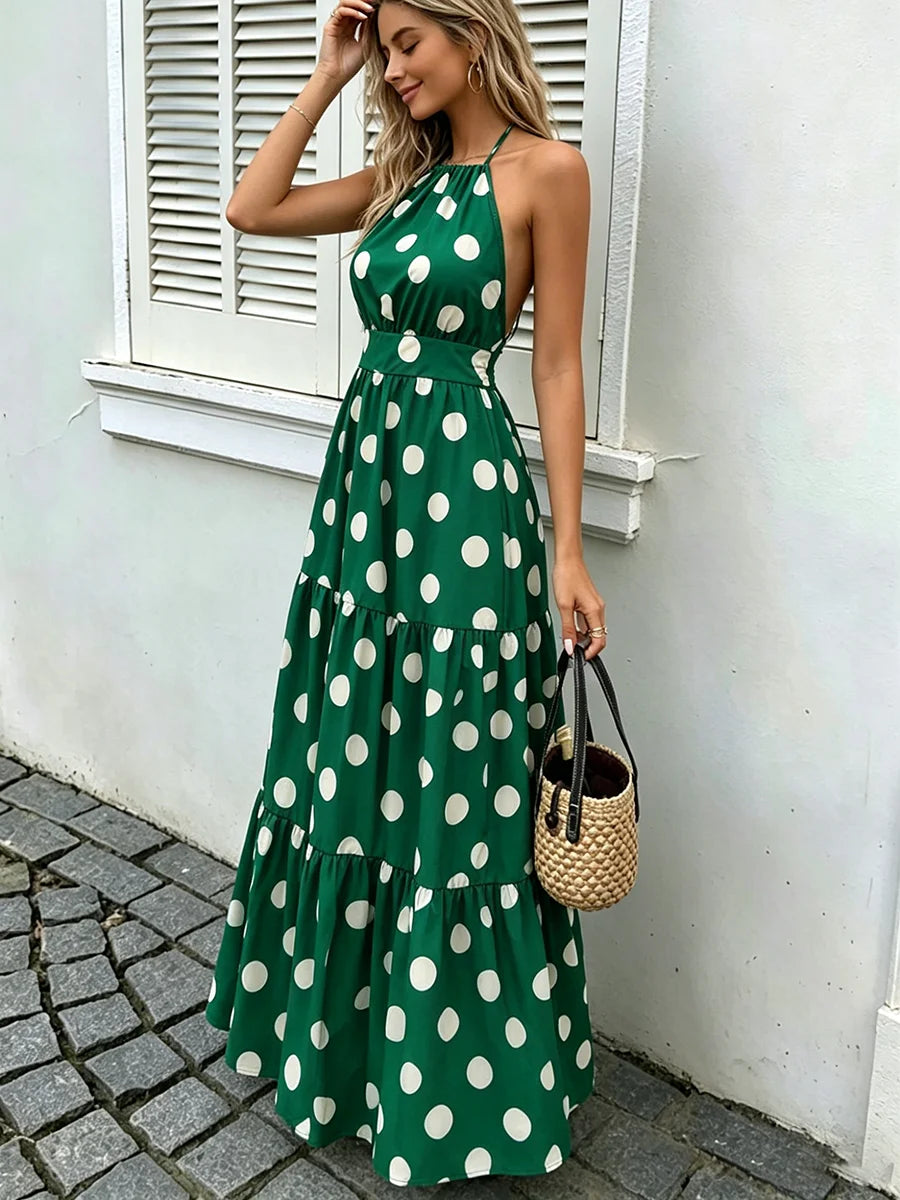 Vestido feminino verde estampado de poá