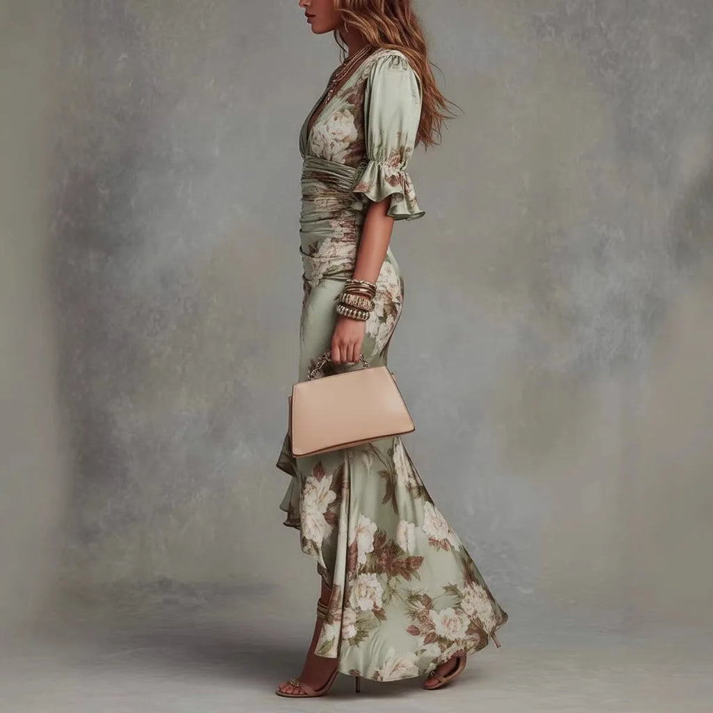 Vestido floral feminino com decote V