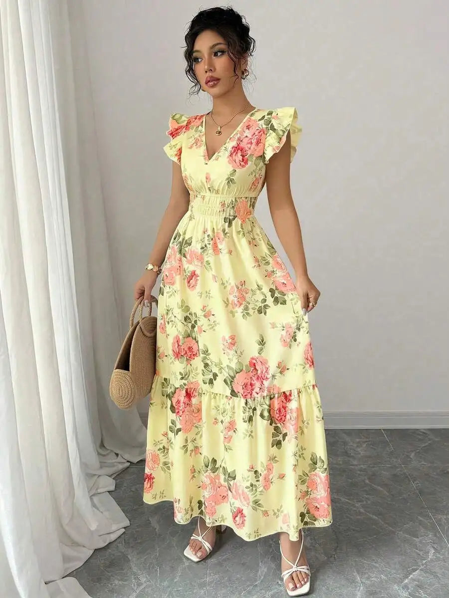 Vestido floral feminino longo elegante