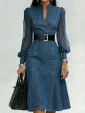 Vestido jeans midi feminino com mangas em tule e cinto