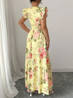 Vestido longo amarelo com decote V feminino