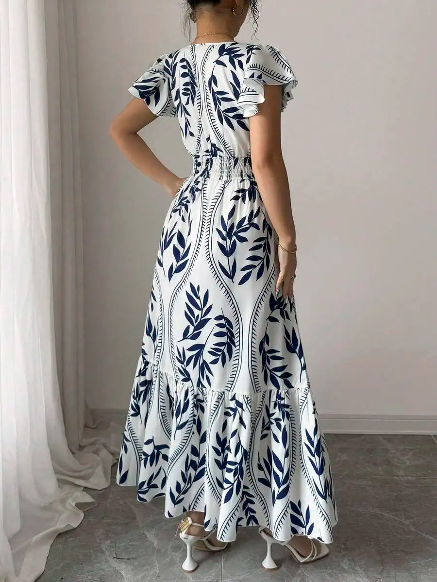 Vestido longo azul com decote V feminino