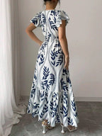 Vestido longo azul com decote V feminino