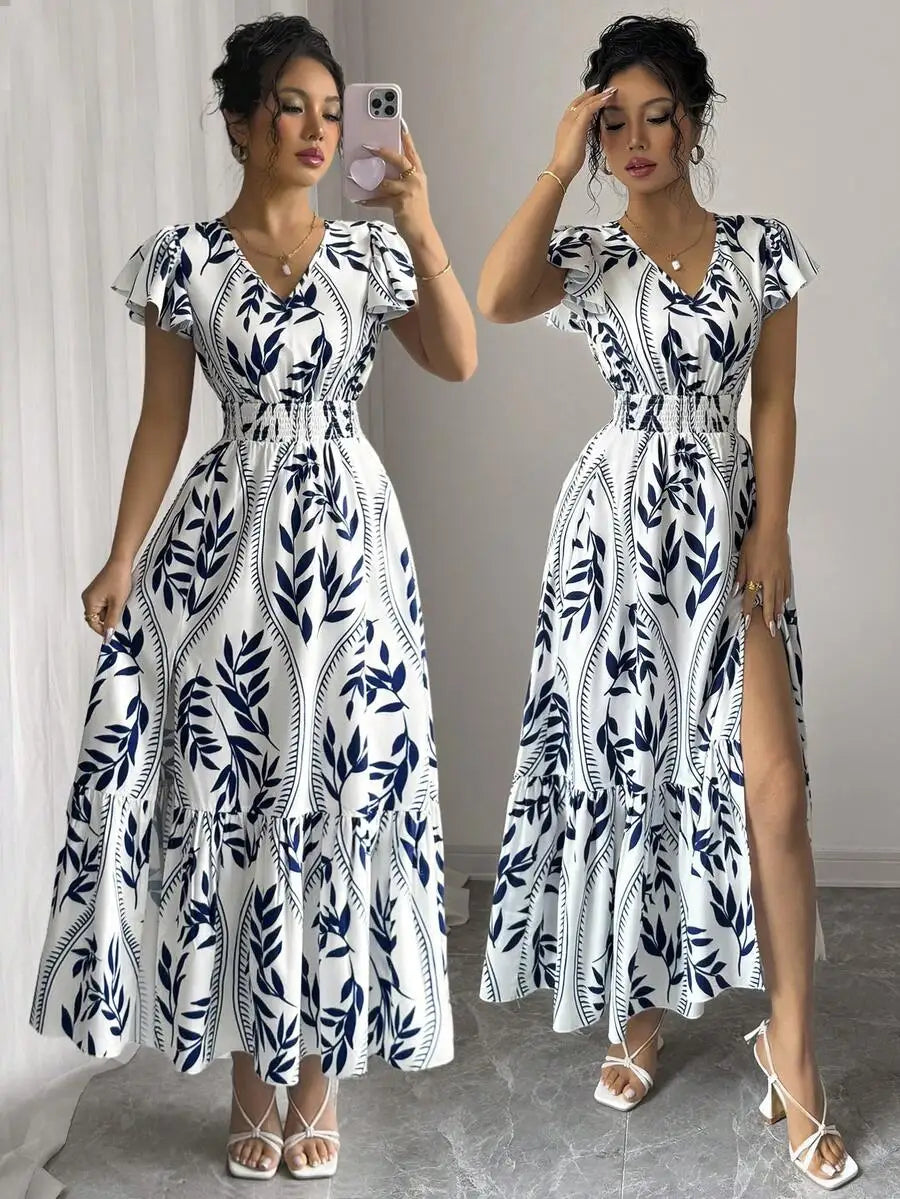 Vestido longo estampado azul feminino Rafazza