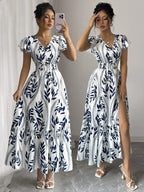 Vestido longo estampado azul feminino Rafazza