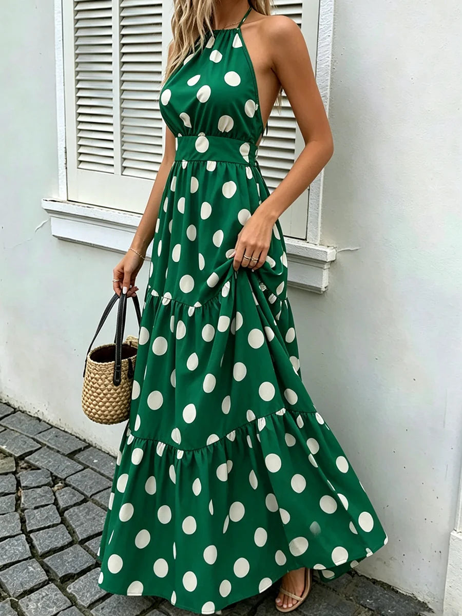 Vestido longo feminino verde com poá