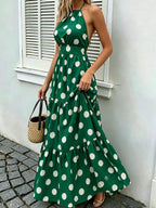 Vestido longo feminino verde com poá