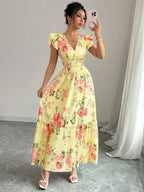 Vestido longo floral amarelo feminino Rafazza